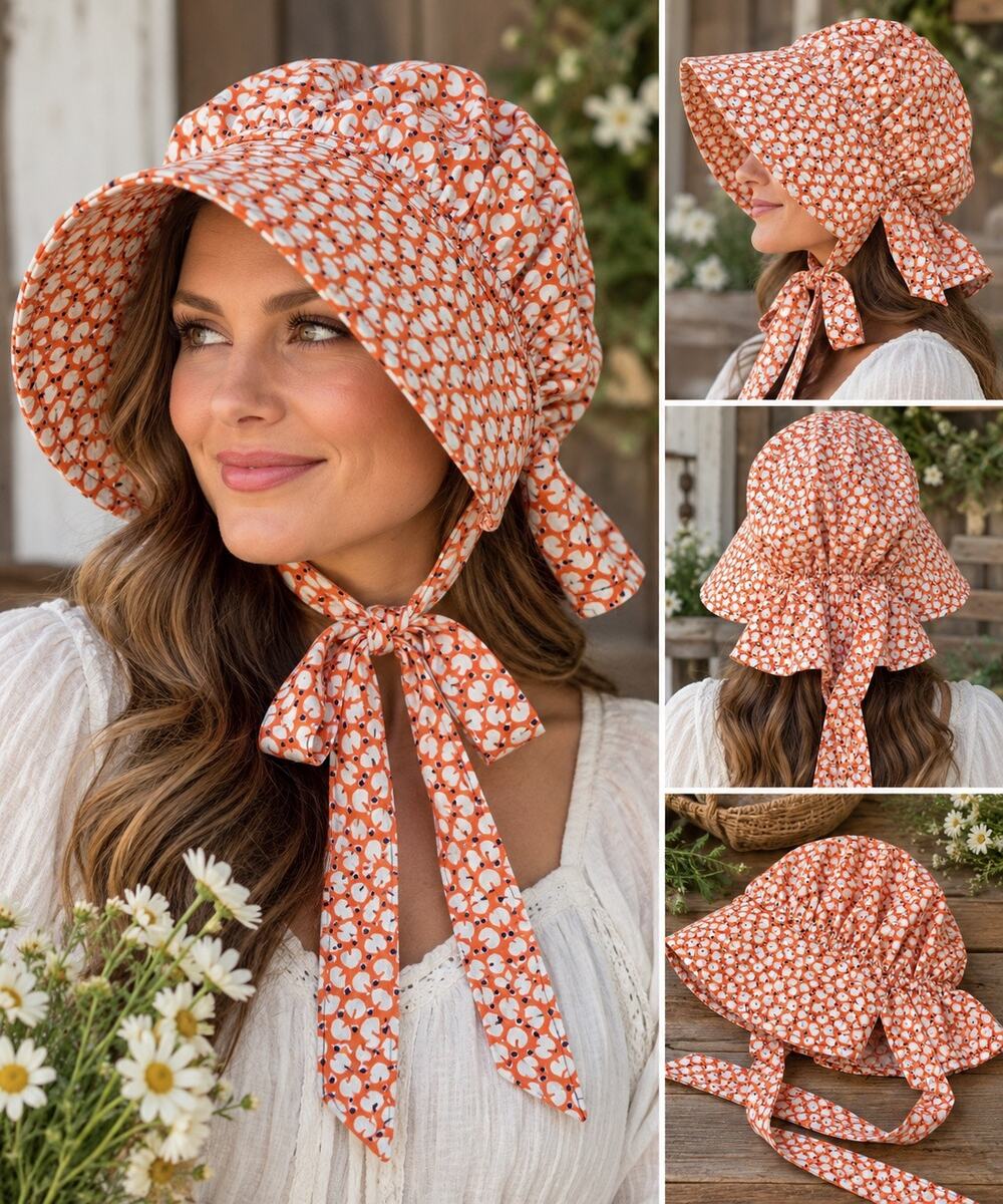 Handmade Adult Prairie Sun Bonnet Orange Floral Calico Wide Brim Cottagecore Hat
